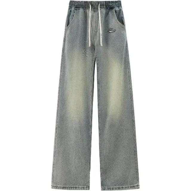 爱肯 基础款复古做旧水洗抽绳阔腿垂感简约百搭显瘦显高宽松休闲直筒中腰潮流高街牛仔裤 男女同款