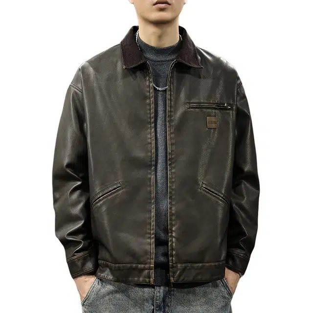 前进牛 潮牌高街痞帅翻领复古长袖皮衣 男款