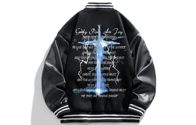 宜而爽  美式高街创意闪电水晶十字剑图案字母印花宽松休闲舒适百搭日常通勤运动麂皮绒单排扣落肩长袖棒球服 男女同款