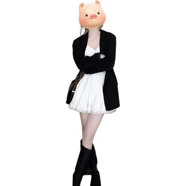 敲模女孩 甜酷风气质高级感宽松长袖西装外套叠穿吊带内搭上衣高腰舒适休闲短裙裙装套装 女款