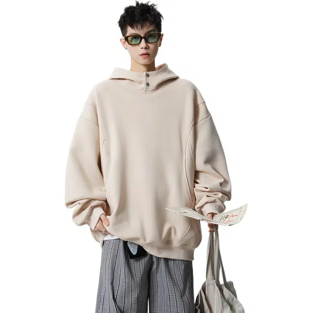 佐菲利 重磅硬挺连帽潮牌大码排扣运动帽衫美式复古外套卫衣 男女同款