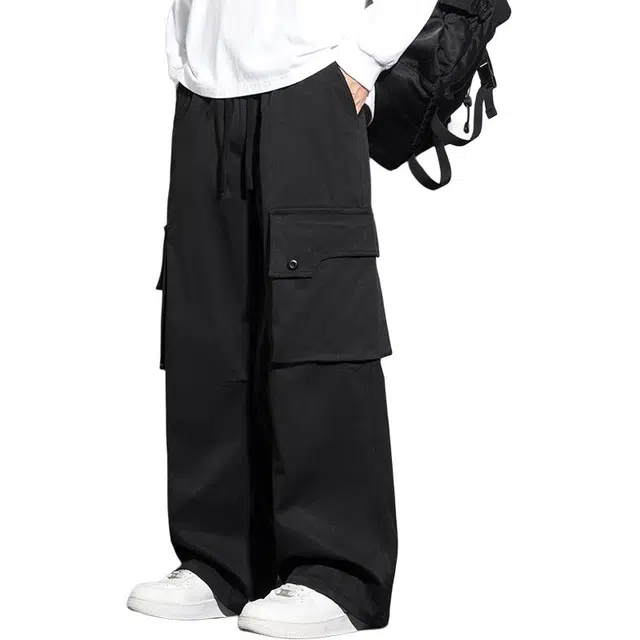 协协乐 高街拼接大口袋美式潮牌宽松阔腿抽绳痞帅百搭休闲运动工装裤 男款