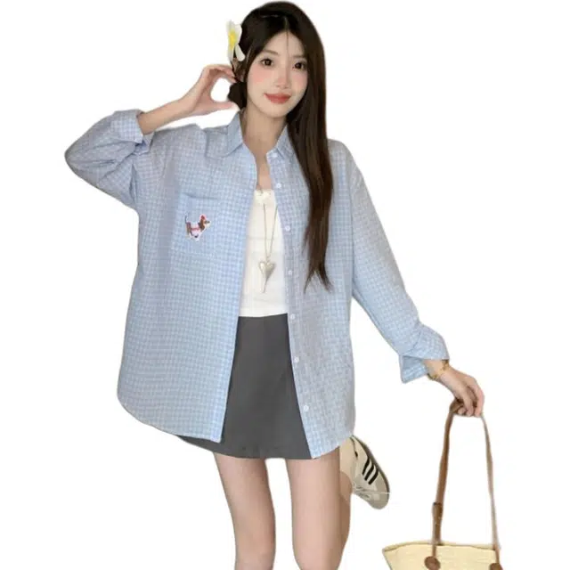 淑好百 贴布绣格子长袖短袖衬衫 女款