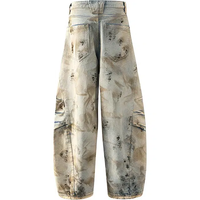 拾个壹先生 美式复古高街小众痞帅黄泥染重工脏洗阔腿裤潮流无性别主义穿搭亲肤柔软时尚个性休闲百搭舒适水洗做旧宽松弯刀裤牛仔裤 男女同款