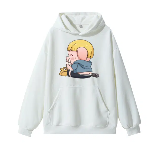 西行纪 美式复古高街趣味动漫丑萌猪八戒卡通人物图案印花上衣宽松休闲慵懒百搭舒适简约套头连帽卫衣 男女同款