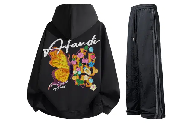 阿凡迪 美式复古街头个性创意仿万针刺绣设计蝴蝶字母潮牌印花宽松舒适运动百搭时尚潮流中腰直筒防风防水休闲裤卫衣套装 男女同款