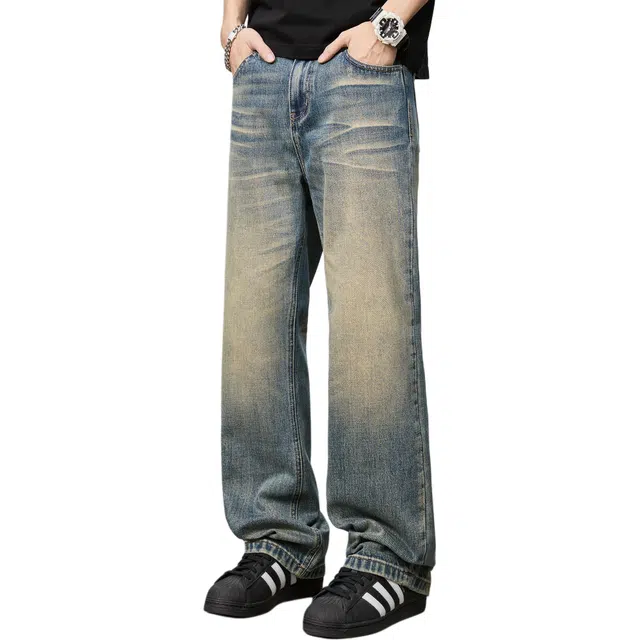 隐狼世家 美式复古男士宽松直筒水洗做旧阔腿长裤子牛仔裤 男款