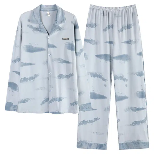 俏霓桐 时尚拼接毛绒轻奢高级感翻领纯棉亲肤简约休闲长袖长裤家居服可外穿睡衣套装 男款