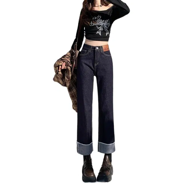 如续 美式复古水洗做旧高腰高弹辣妹设计感翻边百搭弹力直筒牛仔裤 女款