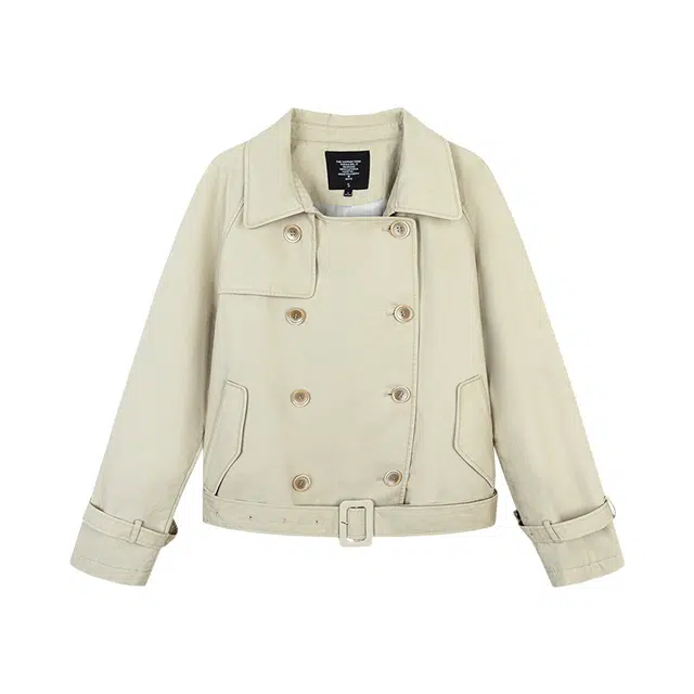 区区欧阳 水洗做旧双排扣短款纯色长袖风衣 女款