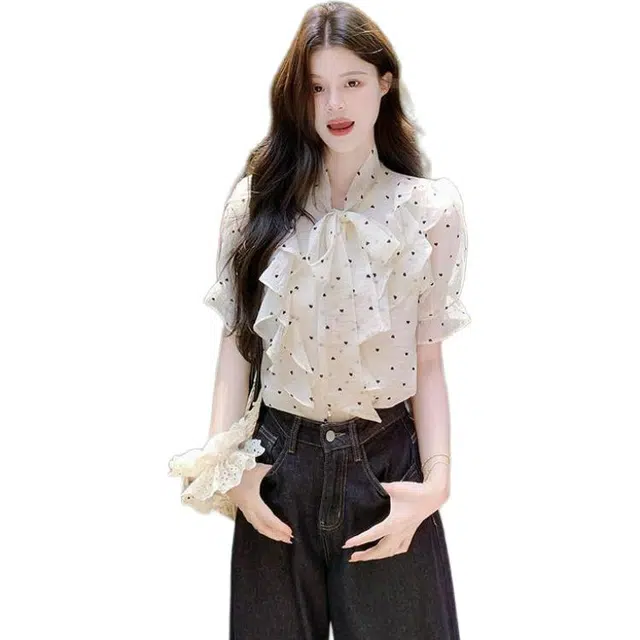小卷要加油 法式高级感荷叶边波点设计感女春秋季绑带宽松别致上衣衬衫 女款