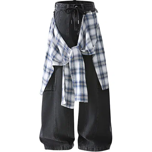 拾个壹先生 美式复古高街小众痞帅潮牌假两件拼接无性别主义穿搭亲肤柔软时尚舒适个性宽松休闲百搭设计感阔腿衬衫直筒垂感裤牛仔裤 男女同款