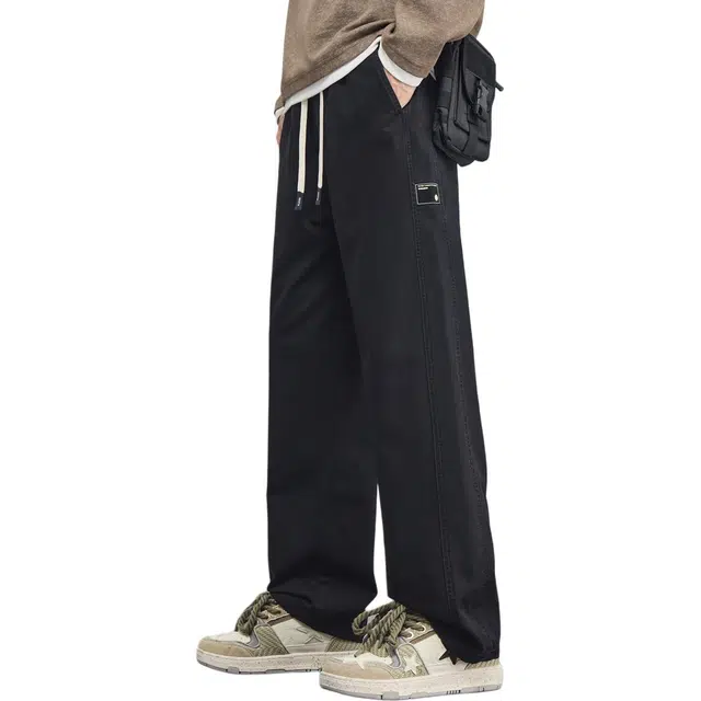 协协乐 纯棉拼接设计感纯色美式潮牌复古氛围感春秋季宽松直筒垂坠感阔腿拖地裤青少年弹力抽绳百搭运动长裤休闲裤 男款