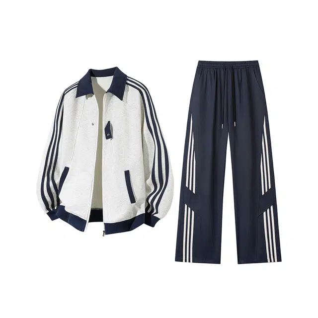 素杭 设计感学院风撞色条纹翻领开衫卫衣搭配松紧腰直筒卫裤两件套潮牌穿搭一整套休闲运动套装 男女同款
