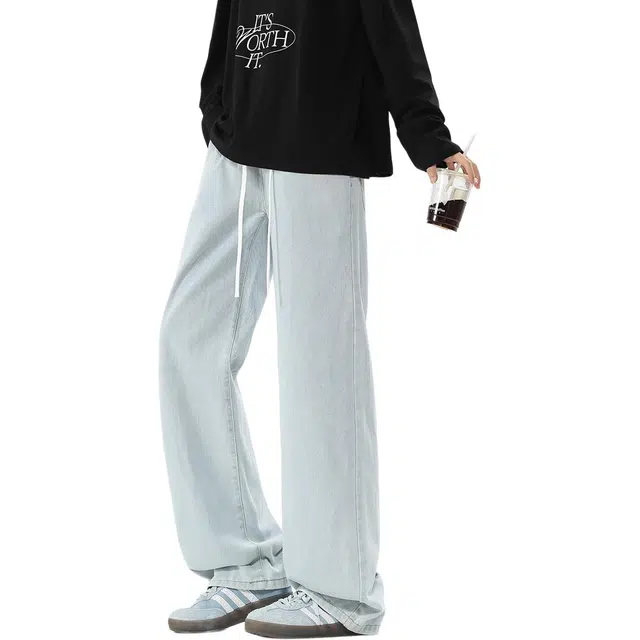 华夏儿女 美式复古做旧高街简约水洗加绒宽松休闲直筒垂感微阔腿拖地裤牛仔裤 男女同款