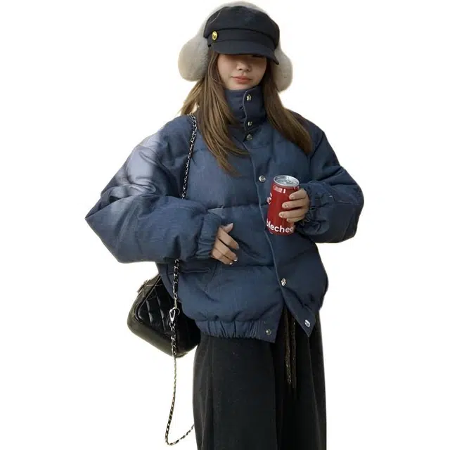 敲模女孩 韩版学院风高级感立领设计感保暖舒适短款棉服 女款