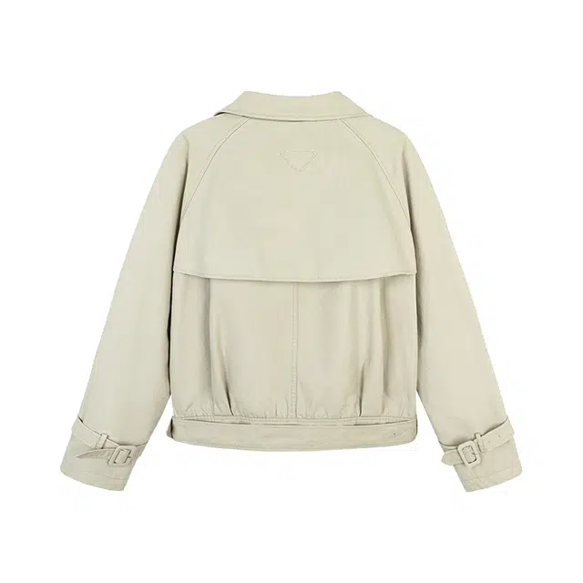 区区欧阳 水洗做旧双排扣短款纯色长袖风衣 女款