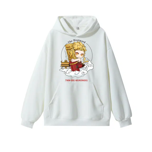 西行纪 美式高街悟空简约人物卡通印花宽松休闲舒适百搭慵懒风套头落肩长袖连帽卫衣 男女同款