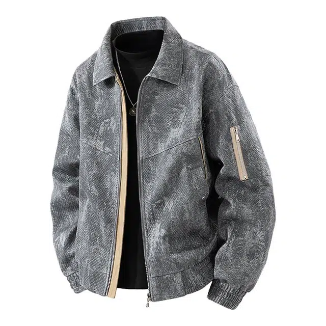 马员外 商务加肥加大仿牛仔提花翻领百搭时尚简约宽松夹克外套 男款