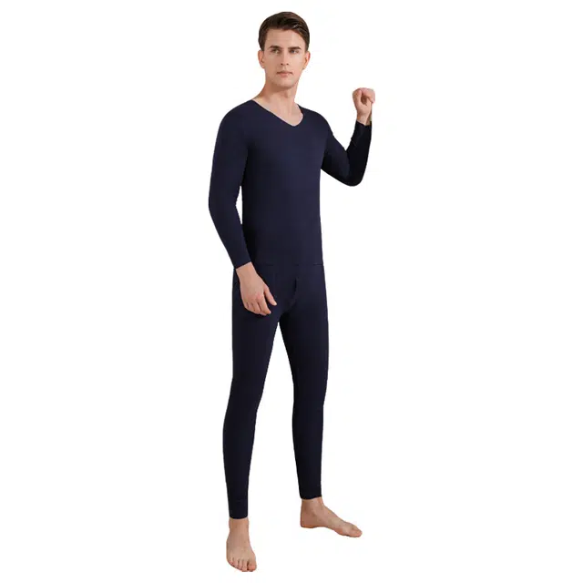 棉基因 抗菌加绒加厚内衣男士双面舒适透气磨毛修身圆领百搭无痕发热德绒打底秋衣秋裤秋冬季保暖套装 男款