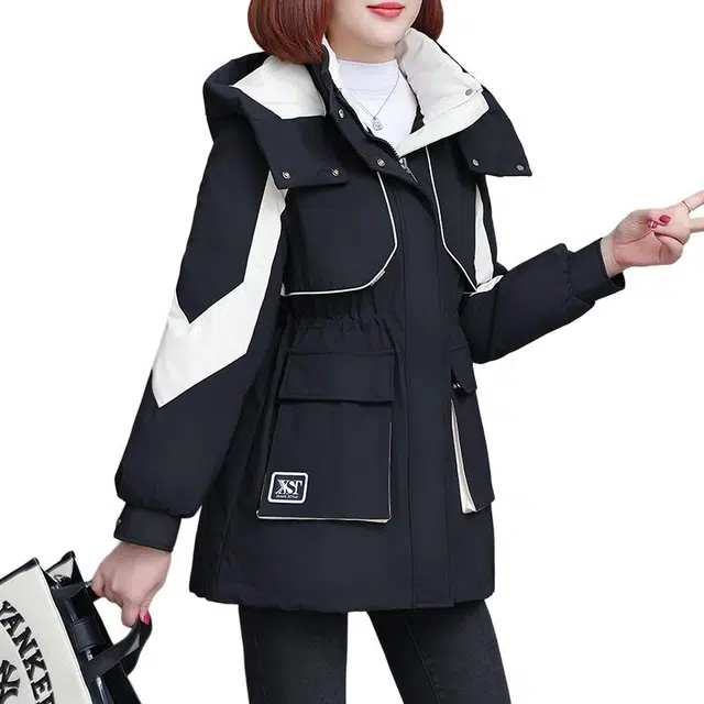 缪斯的诱惑 时尚潮流拼色宽松防风门襟工装外套防寒保暖加厚蓬松棉袄棉衣多简约百搭面包服中长款抽绳收腰显瘦休闲运动立领连帽棉服  女款