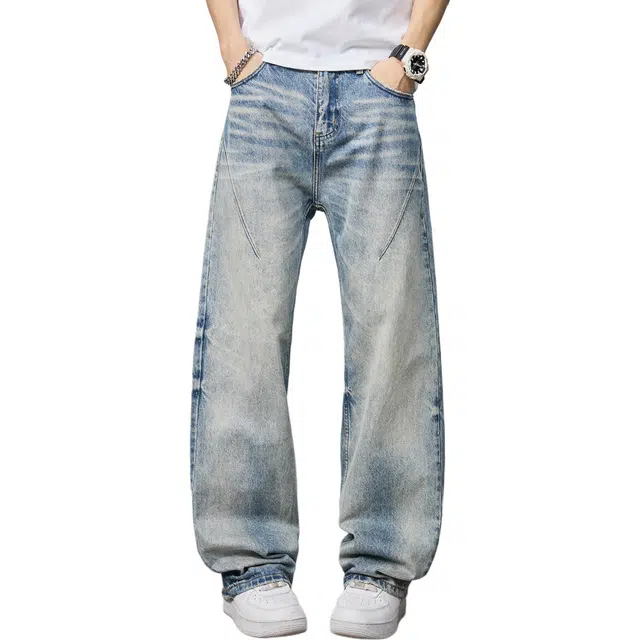 隐狼世家 纯棉男美式潮牌复古宽松直筒高街个性休闲裤子牛仔裤 男款