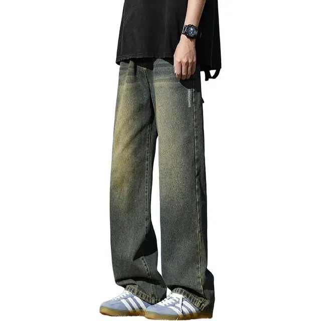 洋气先生 美式复古做旧微喇渐变高街水洗磨白基础款简约舒适透气亲肤休闲百搭垂感中腰阔腿直筒时尚无性别主义设计感潮流牛仔裤 男女同款