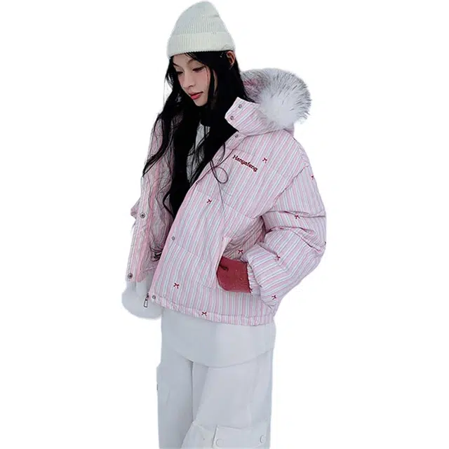 思蓓儿 美式设计感条纹蝴蝶结毛领连帽加厚保暖小个子棉衣棉服 女款