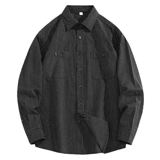 米素力 条纹百搭通勤落肩袖长袖美式衬衫 男女同款