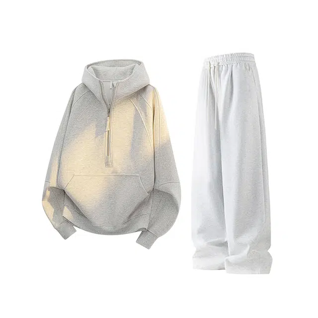 素杭 设计感半拉链美式重磅帽衫宽松连帽卫衣搭配基础经典纯色松紧腰直筒卫裤两件套潮流穿搭一整套休闲运动套装 男女同款