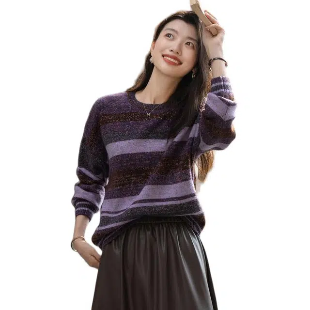 【dme】 冬季含绵羊毛线衫复古圆领拼色短款条纹亮丝长袖保暖上衣宽松时尚个性柔软舒适氛围感温柔显瘦潮流百搭休闲针织衫 女款