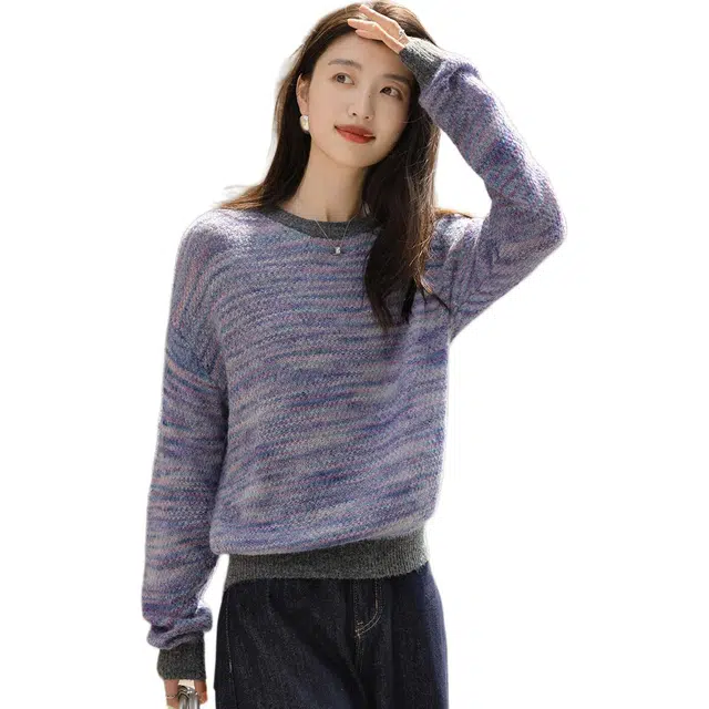 【dme】 冬季段染纱线撞色圆领线衫条纹宽松秋季长袖上衣复古舒适柔软慵懒风花边装饰时尚简约百搭休闲针织衫 女款