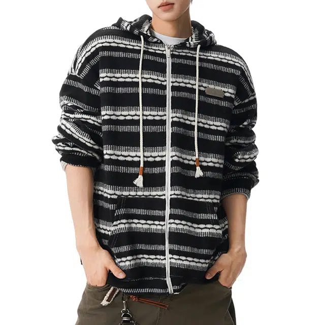 冈哉 磨毛编织条纹针织开衫设计美式复古宽松显瘦慵懒高级感连帽拉链舒适柔软亲肤卫衣 男女同款