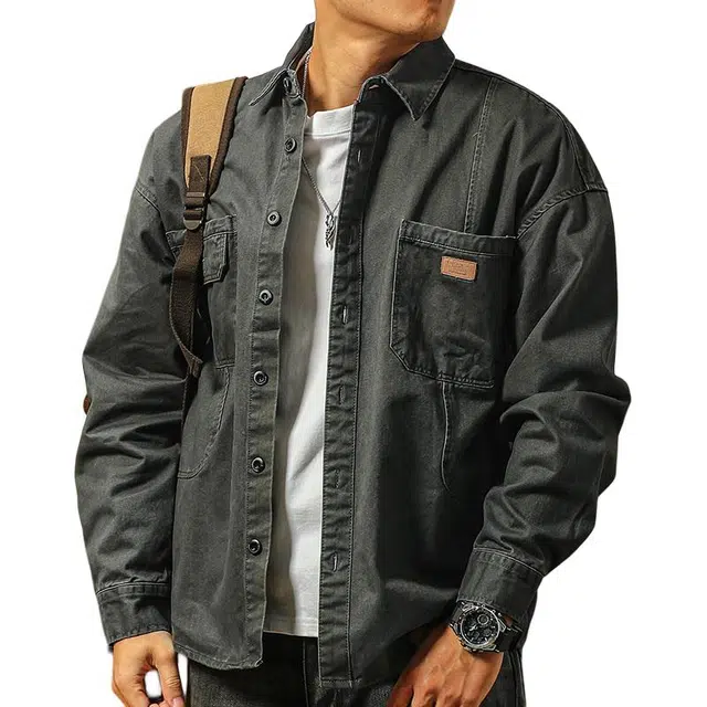 季言 美式复古重磅纯棉衬衫式外套男 硬汉工装上衣百搭长袖男夹克 男款