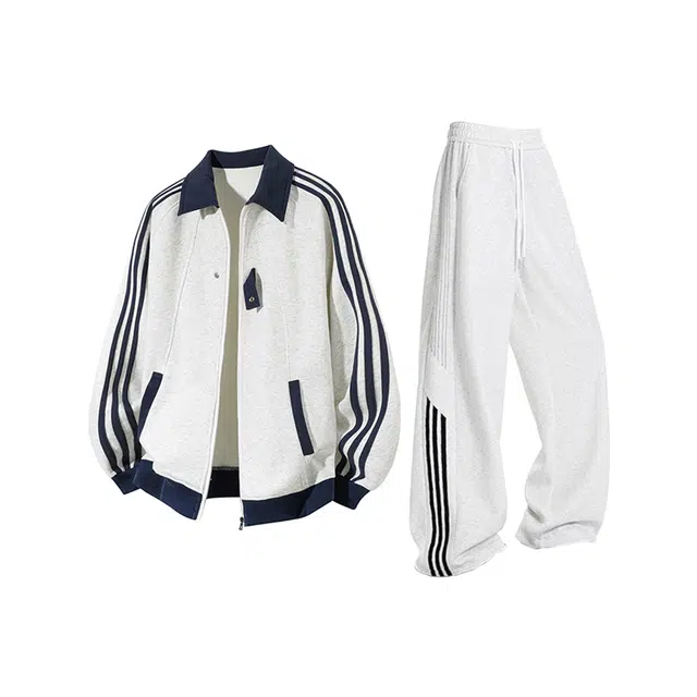 素杭 美式重磅撞色条纹翻领开衫卫衣宽松外套搭配设计感抽绳松紧腰直筒阔腿卫裤两件套潮牌穿搭一整套休闲运动套装 男女同款