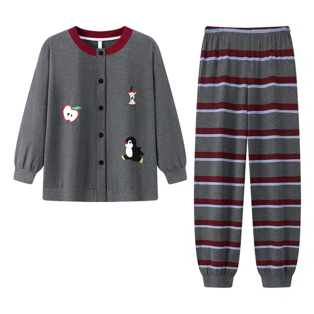 宫蝶 小企鹅纯棉长袖家居服宽松卡通休闲可外穿开衫睡衣套装 女款