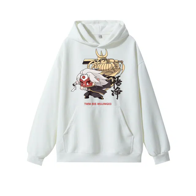 西行纪 美式高街悟净简约人物卡通印花上衣宽松休闲舒适百搭慵懒风套头落肩长袖连帽卫衣 男女同款