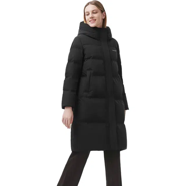 坦博尔 长款连帽保暖纯色常规长袖通勤羽绒服 女款