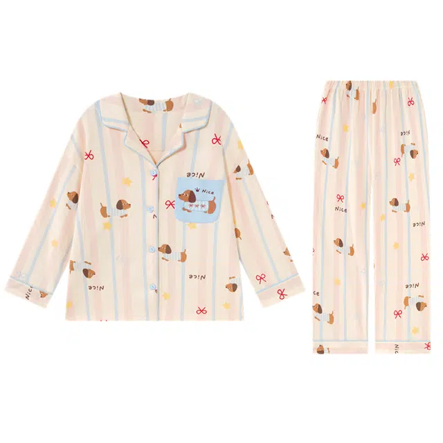 俏霓桐 卡通可爱翻领舒适纯棉长裤长袖甜美可外穿家居服睡衣套装 女款