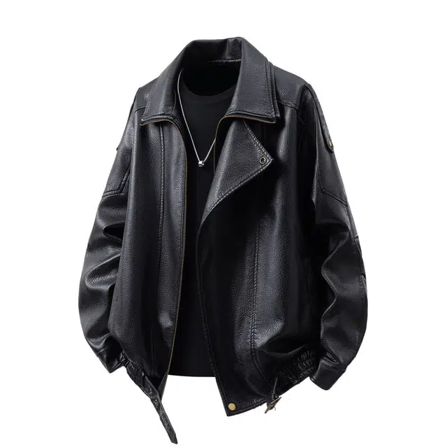 马员外 机车大码皮衣廓形荔枝纹双层领时尚简约百搭夹克外套 男款