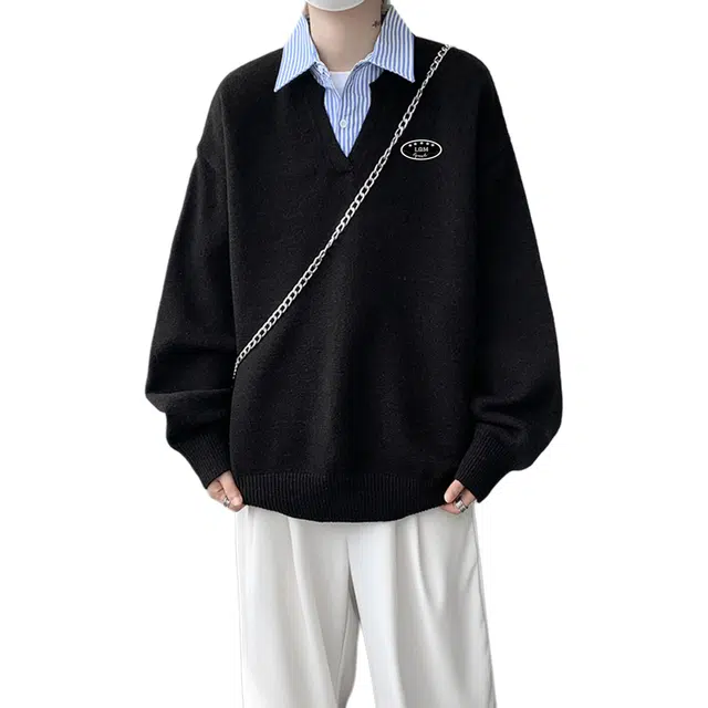 软糯保暖打底翻领假两件赫赫良衣 美式复古痞帅高街法式慵懒风内搭长袖套头上衣弹力宽松舒适百搭高级感学院风潮牌情侣毛衣针织衫 男女同款