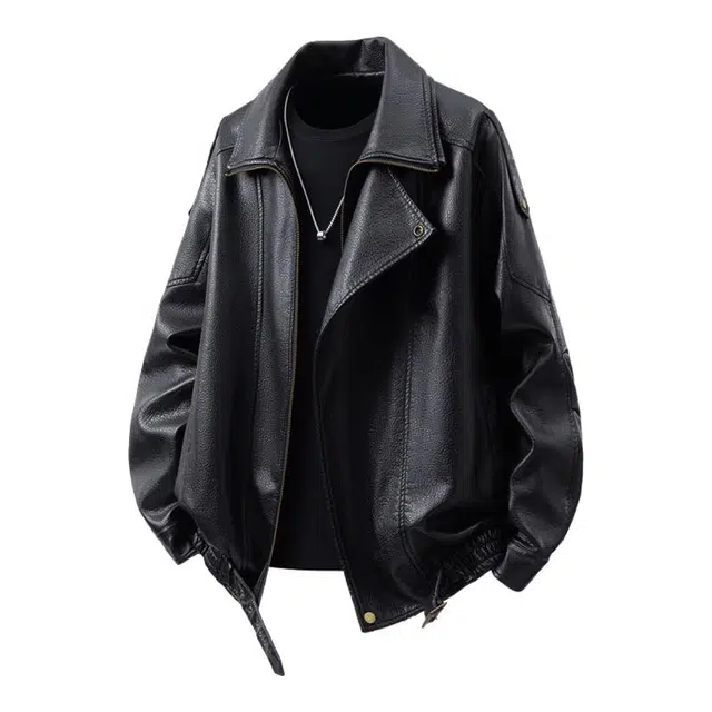 马员外 机车大码皮衣廓形荔枝纹双层领时尚简约百搭夹克外套 男款