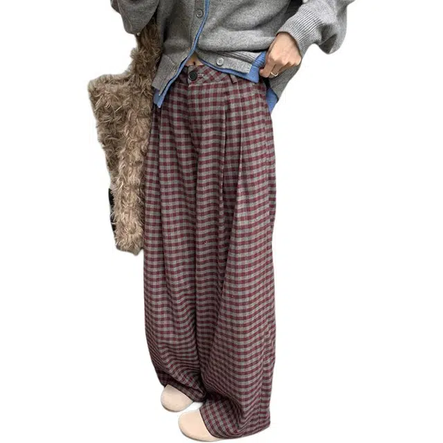 如续 潮流百搭宽松阔腿格子设计感直筒长裤舒适垂感拖地休息裤 女款