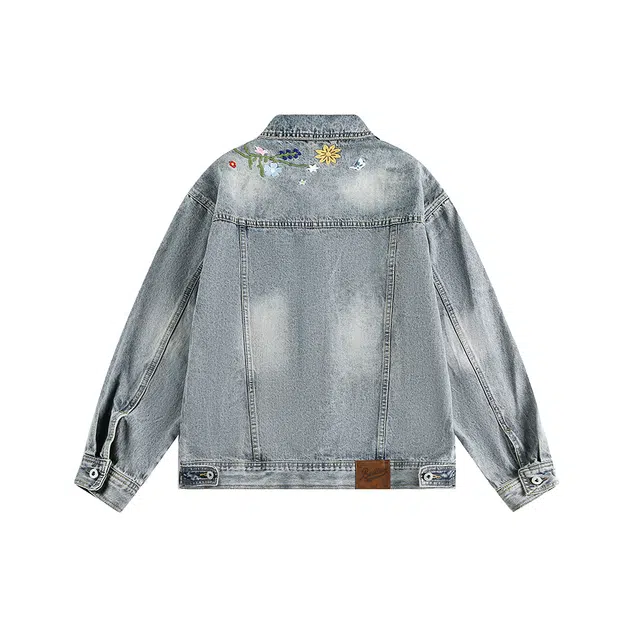艾梵斯贝 美式复古潮流小众设计款花卉刺绣重工高级感潮酷无性别日常通勤百搭宽松休闲时尚高街风情侣款牛仔夹克 男女同款