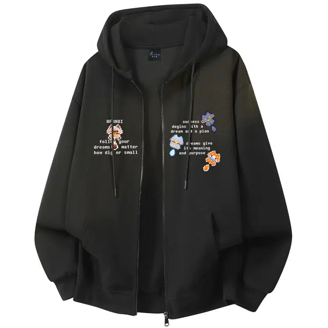 阿凡迪 【华棉重磅】美式高街校园基础款卡通猫咪像素风品牌字母高级感印花潮流百搭少年感个性穿搭无性别宽松拉链开衫连帽卫衣 男女同款