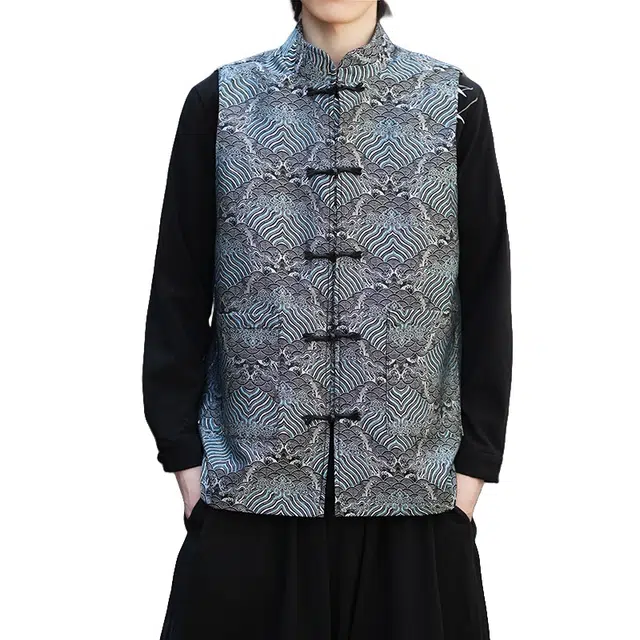加荣 新中式提花马甲男装休闲复古男士立领上衣背心男款青少年帅气学生潮流工装男秋季国潮无袖坎肩改良唐装汉服高端外套 男女同款