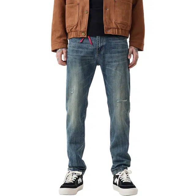 逆腾 秋季破洞长裤男美式复古修身裤子男士水洗直筒弹力小脚牛仔裤 男款