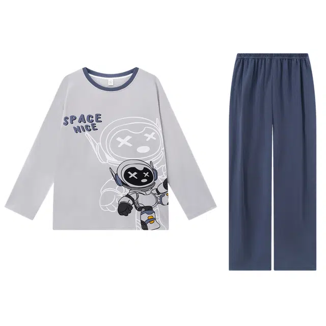 俏霓桐 卡通学生青少年舒适长袖长裤纯棉圆领可外穿时尚家居服睡衣套装 男款