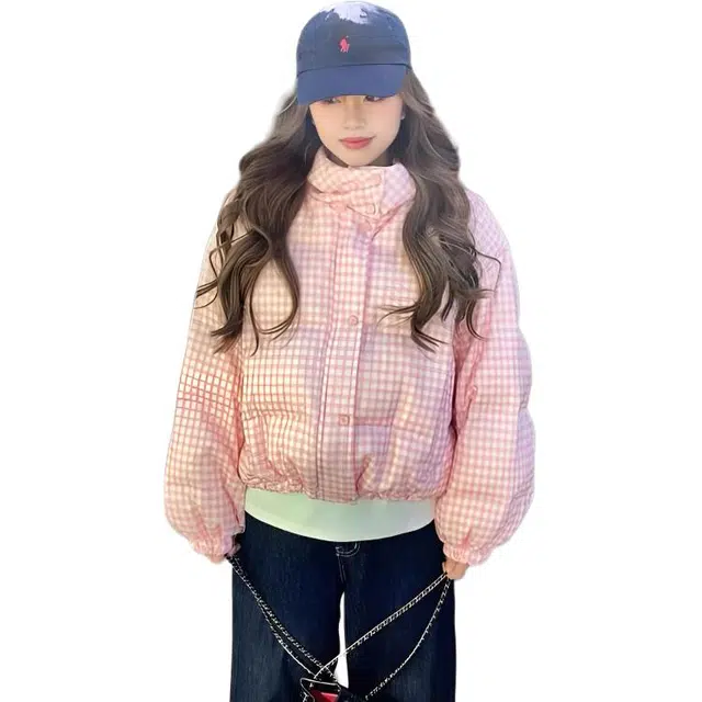 敲模女孩 韩系学院风甜美格子设计感面包服连帽棉衣宽松短款外套棉服 女款