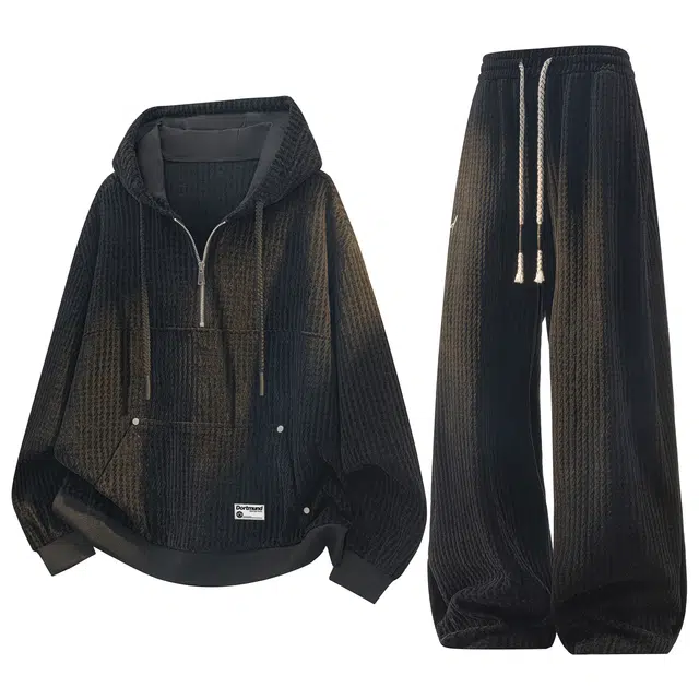 普鲁士多特蒙德 大码半拉链撞色拼接连帽上衣两件套春秋季小众设计感潮牌百搭直筒阔腿裤休闲运动卫衣套装 男女同款